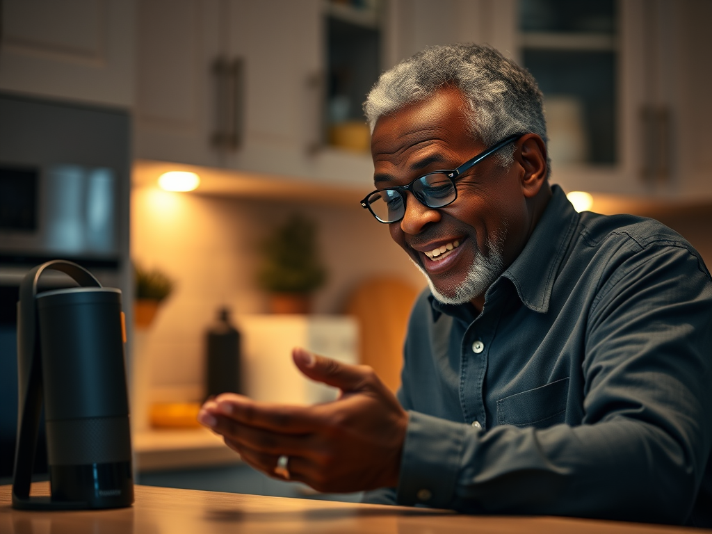 man talking to alexa device in kitchen